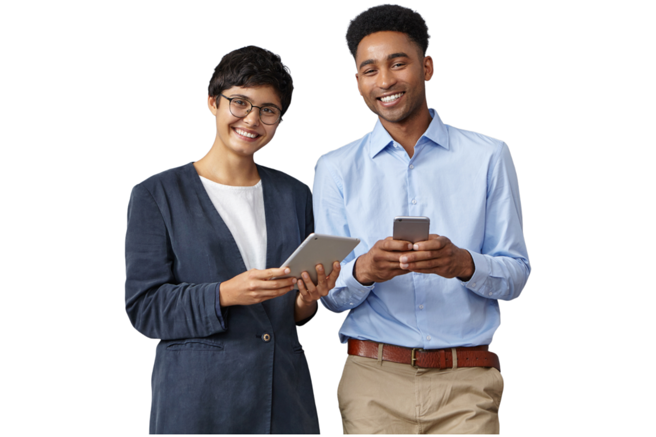 Happy business team using tablets and smartphone.